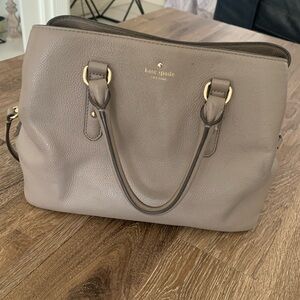 Kate Spade taupe gray leather satchel with gold hardware